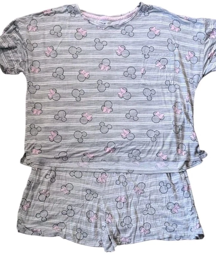 Disney Minnie Mouse Pijama Pantalones Cortos Conjunto Mujer XL Top Gris Blanco Rayas Pijamas  Foto 1 de 4