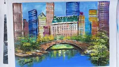 Original Hand-Painted Cityscape Oil Painting-Central Park InspiredUrbanLandscape - Image 1 of 3