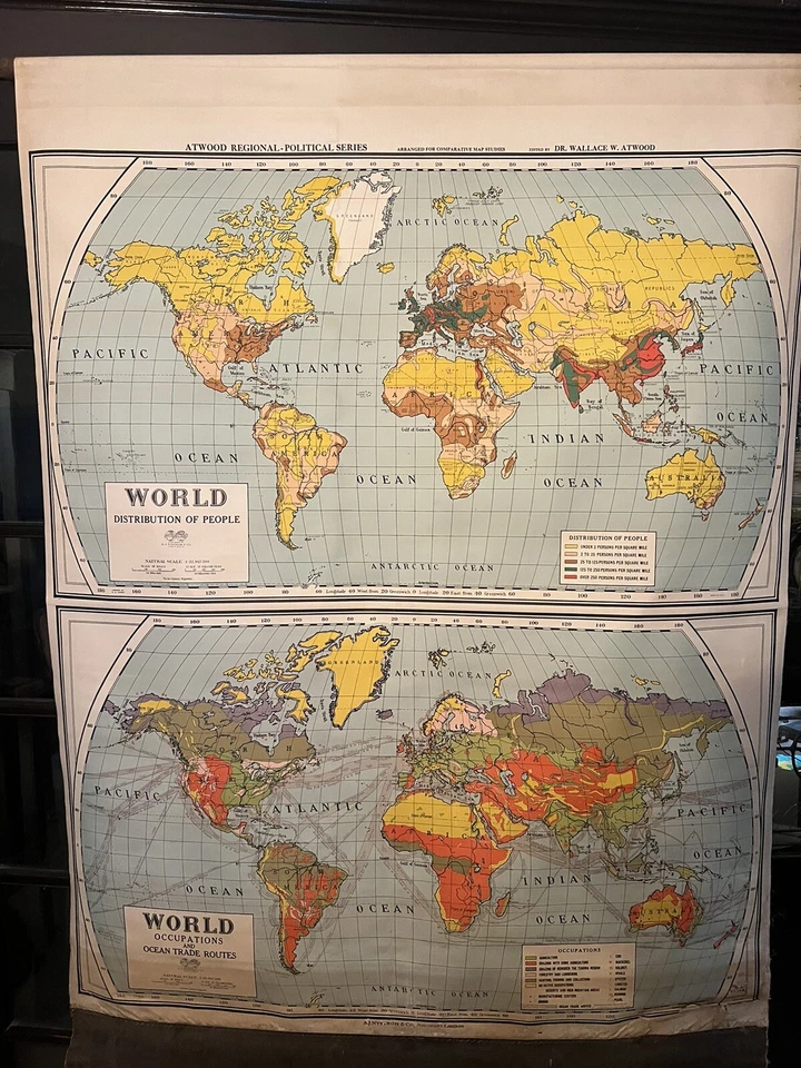 Atwood / A J Nystrom school pull down wall map - World population and trade - Image 1 of 1