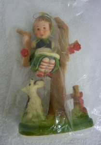 VINTAGE HARD PLASTIC ORNAMENT GIRL IN A TREE w/DOG SHOE IN HIS MOUTH HONG KONG - Picture 1 of 7