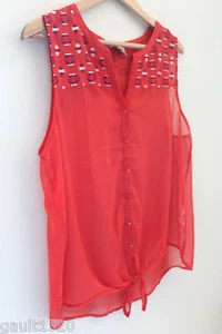 NEW! Lucky Brand Sheer Orange Embroidered Button Up Sleeveless Top Blouse L $90 - Picture 1 of 6