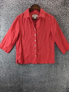 Orvis Shirt Womens S Pink 100% Linen Button Up 3/4 Sleeve Top V-neck Button 