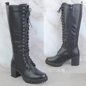 NEW LADIES WOMENS KNEE HIGH CHUNKY PLATFORM MID BLOCK HEEL LACE UP ZIP UP BOOTS
