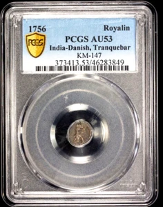 1756 Danish India Tranquebar, 1 Royalin, PCGS AU 53, KM-147, Rare - Picture 1 of 2