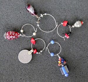5 Artistic Wine Glass Charms Markers: 3 Art Glass Beads and 2 Metal Dangles