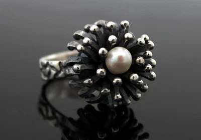 Vintage Brutalist Modernist 925 Sterling Silver Pearl Ring Size 6.25 13.2g - Image 1 of 4