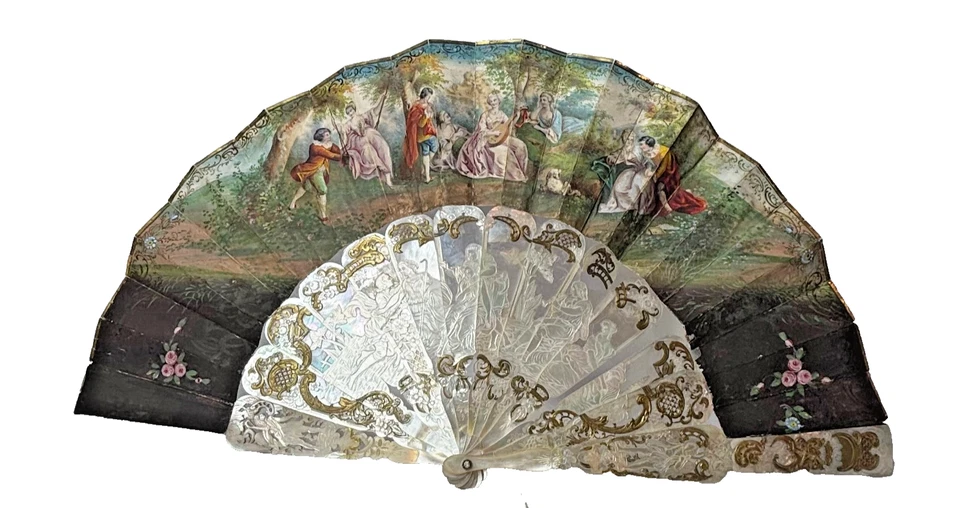 Ventilador de papel plegable 1850 perforado dorado y tallado palos/guarda remaches de vidrio Foto 1 de 4