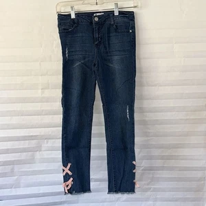 Epic Threads Girls Jeans Size 12 Blue Distressed Pink Ribbon Accent Denim Pants - Picture 1 of 5