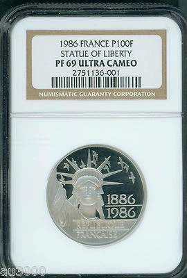 1986 ФРАНЦИЯ 100 ФРАНКОВ ДОКАЗАТЕЛЬСТВО ПЛАТИНОВАЯ СТАТУЯ СВОБОДЫ NGC PF69 PR69 ТОЛЬКО 9500 - Изображение 1 из 2