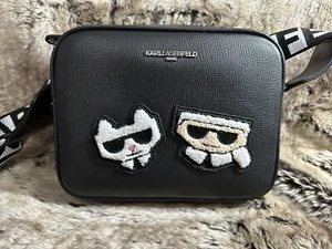 NWT Karl Lagerfeld Paris Maybelle Black Crossbody Camera Bag Sherpa Patch - Picture 1 of 8