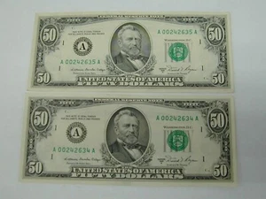 (2) 1981-A $50 Fifty Dollar Bill Boston MA Vintage CONSECUTIVE NUMBERS SET - Picture 1 of 2