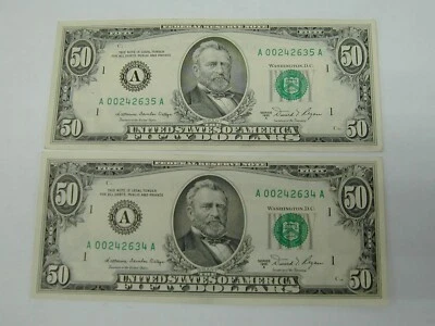 (2) 1981-A $50 Fifty Dollar Bill Boston MA Vintage CONSECUTIVE NUMBERS SET - Image 1 of 2