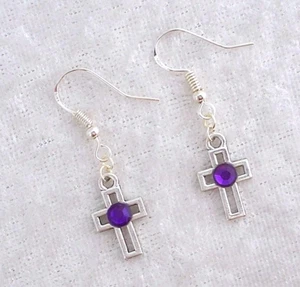 Tibetan Silver Cross Purple 3D Diamante, Double Sided, 925 Silver Hook Earrings - Picture 1 of 4