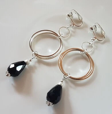 OHRCLIPS CLIPS VERSILBERT  LANG SCHWARZE KRISTALL TROPFEN - Bild 1 von 2