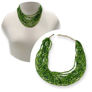 Antique 1930s - 40s, multi strand layered green beaded adjustable bib necklace - Picture 1 of 3