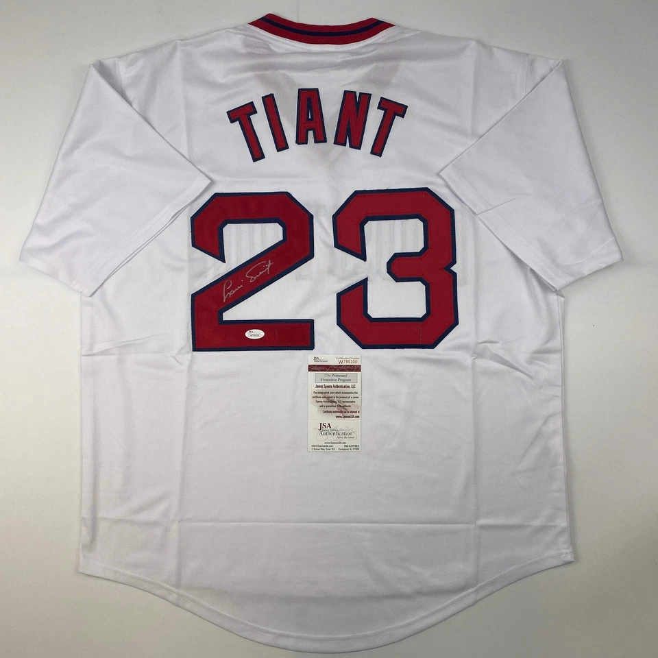 Autographed/Signed Luis Tiant Boston Red Sox White Baseball Jersey JSA COA - Image 1 of 4