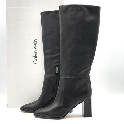Botas altas hasta la rodilla de cuero Dawna negras Calvin Klein para mujer talla 8,5 M NUEVAS Foto 1 de 4