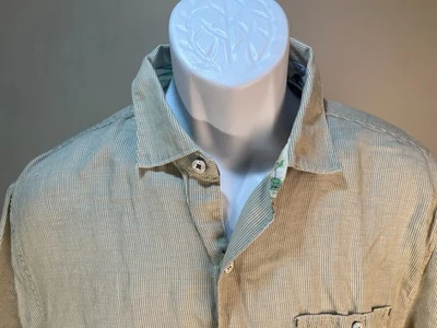 Tommy Bahama 男式绿色和白色亚麻混纺撞色领衬衫 M 码 — 第 1/4 张图片