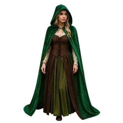 Fantasia cosplay bruxa renascimento 50"" Urban Coco verde veludo com capuz capa capa - Imagem 1 de 4