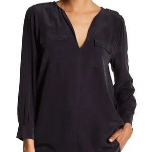 Joie Marlo 100% Silk Double Pocket Blouse Size M Black Long Sleeve V Neck - Picture 1 of 8