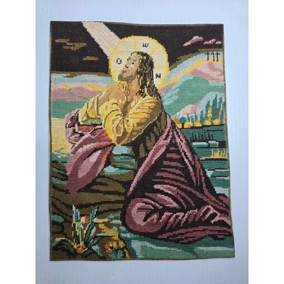 Vintage Needlepoint Tapestry Jesus Christ Religious Wall Hanging Art - Image 1 of 4