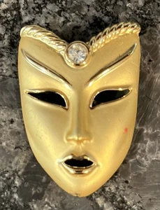Vtg Gold Tone Mask Brooch Pin Art Deco Style with Rhinestone Masquerade 1 7/8” - Picture 1 of 3
