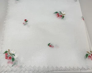 Vintage MCM 50er transparente Organza Tischdecke Kirschen Kirschblüte rot rosa Blumen - Bild 1 von 5