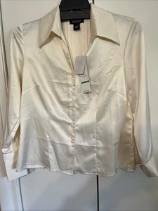 JONES Elements Blouse Shirt Shiny Silky LARGE Pleated Back Cream NWT$99 LgSlvCuf - Picture 1 of 18