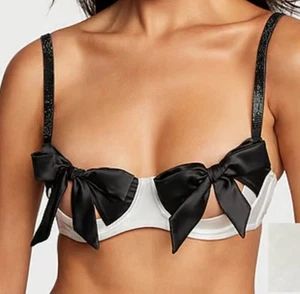 Victoria’s Secret Very Peek-a-boo Bra White Satin Black Satin Bow Cups M-DD NWT - Picture 1 of 5