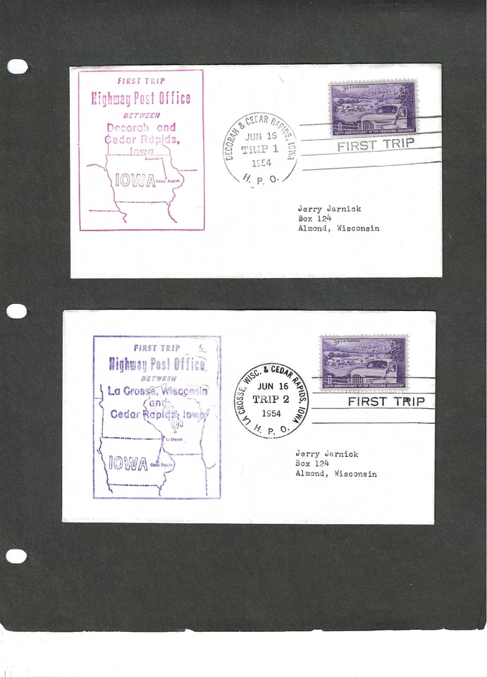 HIGHWAY POST OFFICE COVERS- DECORAH & CEDAR RAPIDS,IOWA JUN 16-1954 TRIP 1 & 2 - Image 1 of 1