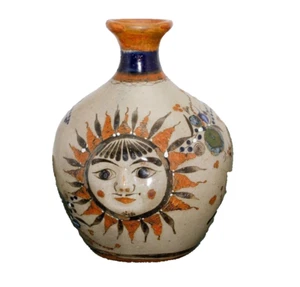 Ceramic Jug 2 Faced Sun Colors Smile Mustache Signed Sculpted Bas Relief Fun 9" - Picture 1 of 11