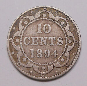 1894 Newfoundland Ten Cents VG * Scarce Queen Victoria Nice OLD Silver Nfld. 10¢