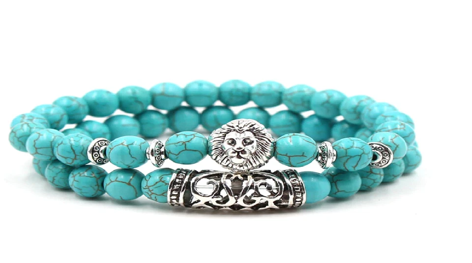 Edelstein-Armband Türkis-Howlith 2-reihig Natursteine mit Maserung Löwe - Bild 1 von 1