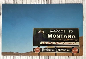 "Welcome To Montana" Schild BIG SKY COUNTRY Straßenseite 1964 Chrom Vintage Postkarte - Bild 1 von 4