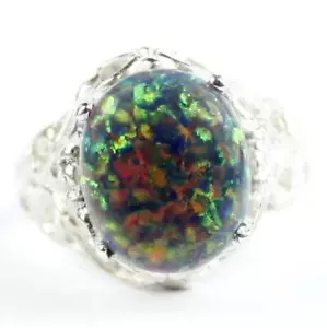 925 Sterling Silver Ladies Filigree Ring, Created Black Opal, SR114 - Picture 1 of 5