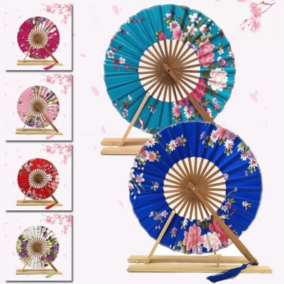 Japanese Fan Circle Round Floral Hand Fan Bamboo Wedding Party Folding Fan - Image 1 of 4