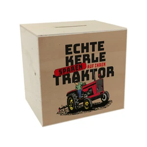 Echte Kerle sparen auf ihren Traktor Spardose aus Holz für Landwirte in braun - Bild 1 von 3