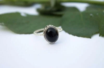 Onice Nera Anello, 925 Anello Argento Sterling, Boho Impilabile, Contorto Fascia - Immagine 1 di 4