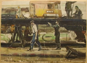 Ukrainian Soviet USSR watercolor Painting socrealism locomotive factory worker - Picture 1 of 6