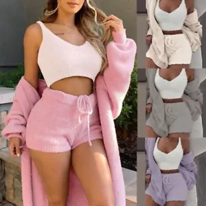Women's Plush Home Wear Casual 3-Piece Pajama Long Sleeved Shorts Sports Set - Picture 1 of 26