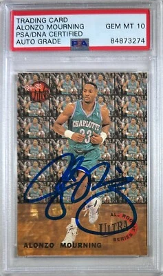 Alonzo Mourning auto 1993 Fleer RC GEM Mint 10 Charlotte Hornets PSA Encap - Image 1 of 3