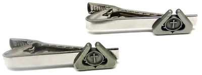 Silver Pewter Religious Cross Tie Clip Set of 2 Vintage Mens Formal Wear Jewelry - Image 1 of 4