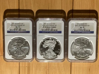 Набор из 3 монет 2011 MS 70 NGC американский серебряный орел ранние выпуски 25 годовщина  - Изображение 1 из 4