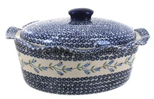 Blaue Rose polnische Keramik Tulpe groß oval Bäcker mit Deckel - Bild 1 von 1