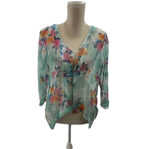 Nina Leonard Open Front Blue Floral Crochet Topper Shrug Women’s Medium - Picture 1 of 8
