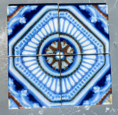 Antigo Conjunto de 4 Azulejos Azulejos Azul e Branco Flow por Kaneki Japão 12 Conjuntos Disponíveis - Imagem 1 de 4