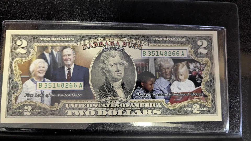 Rare 2018 First Commemorative Mint Barbra Bush Color Artwork Two Dollar $2 Bill - Image 1 of 4