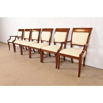 Baker Furniture Modern Regency Cherry Wood Upholstered Dining Chairs, Set of Six - Image 1 of 4