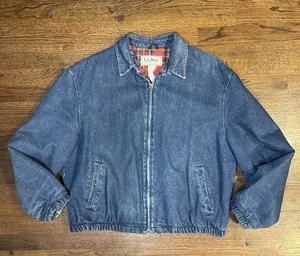 Vintage 80s LL Bean Blue Dark Wash Plaid Lined Denim Jacket Men’s Sz Large - Picture 1 of 6