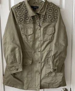 Denim 24/7 Size 14W Tan Jacket Full Zip, Crochet Accent Pockets, Drawstring EUC - Picture 1 of 4